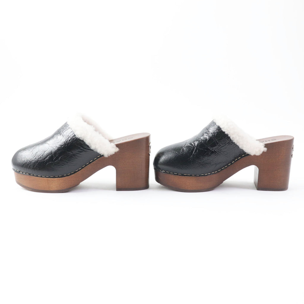 Chanel Sheepskin Clog Sandals Black Brown
