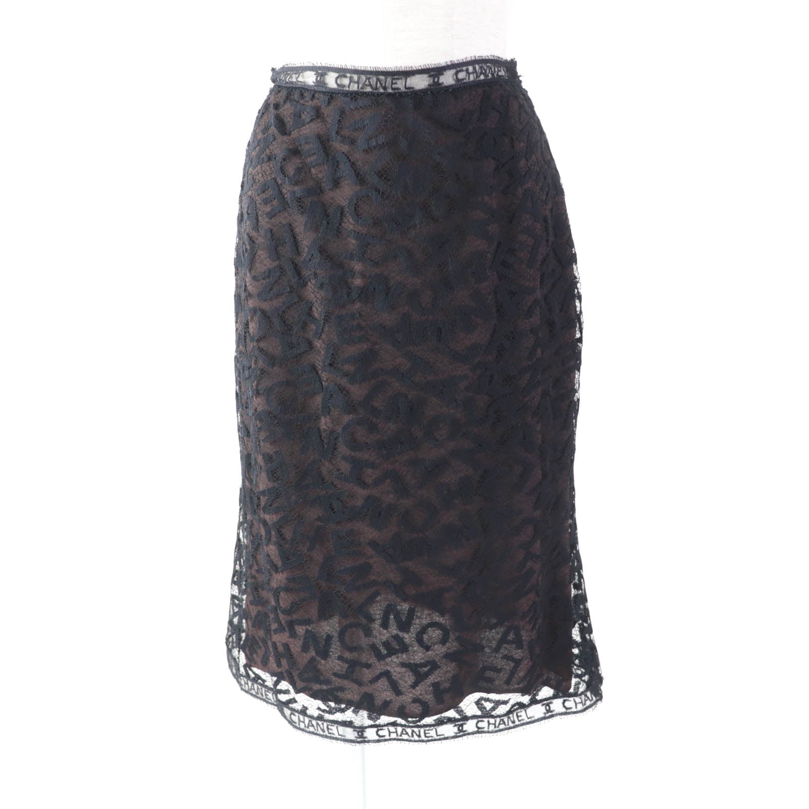 Chanel Vintage Logo Lace Knee Skirt Black 38