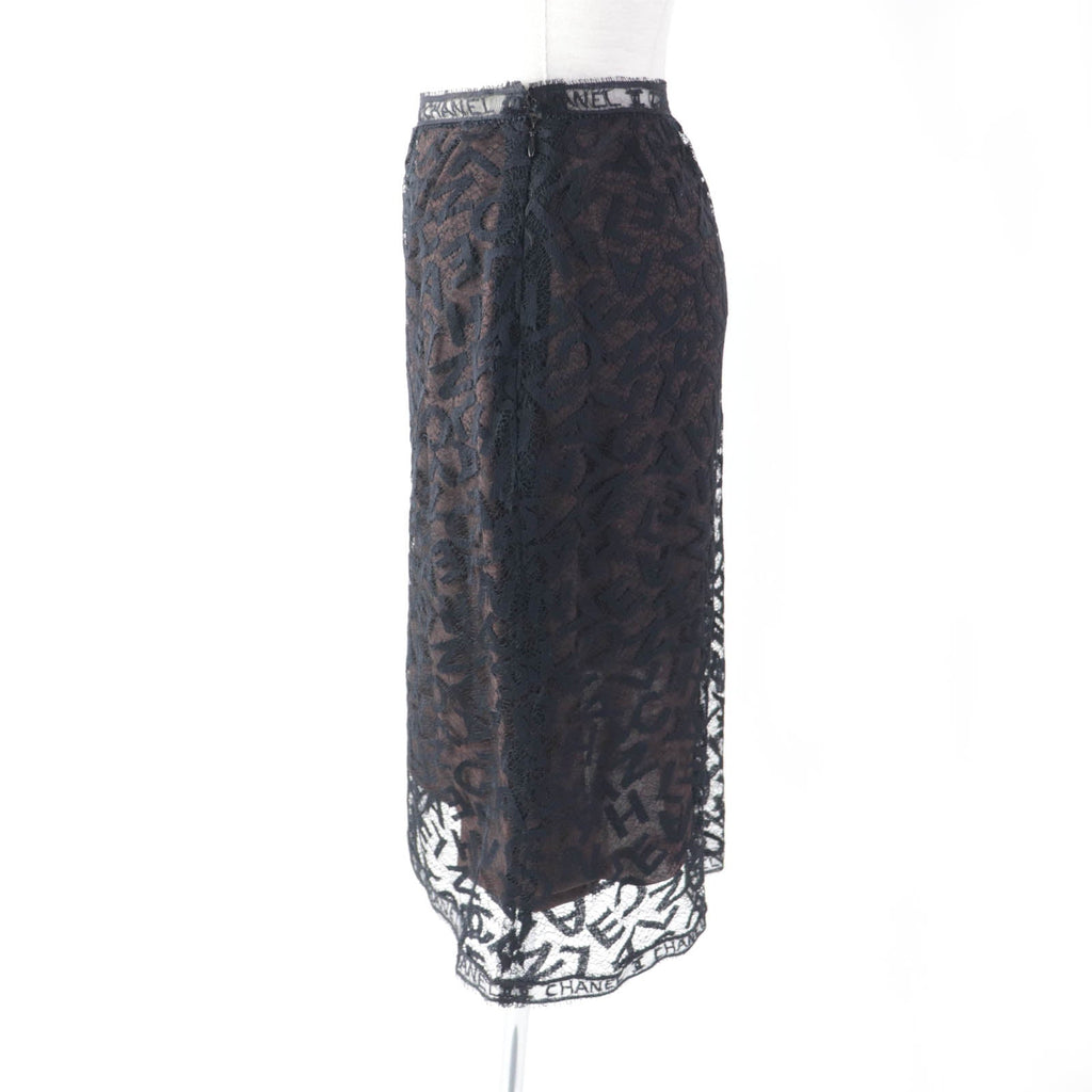Chanel Vintage Logo Lace Knee Skirt Black 38