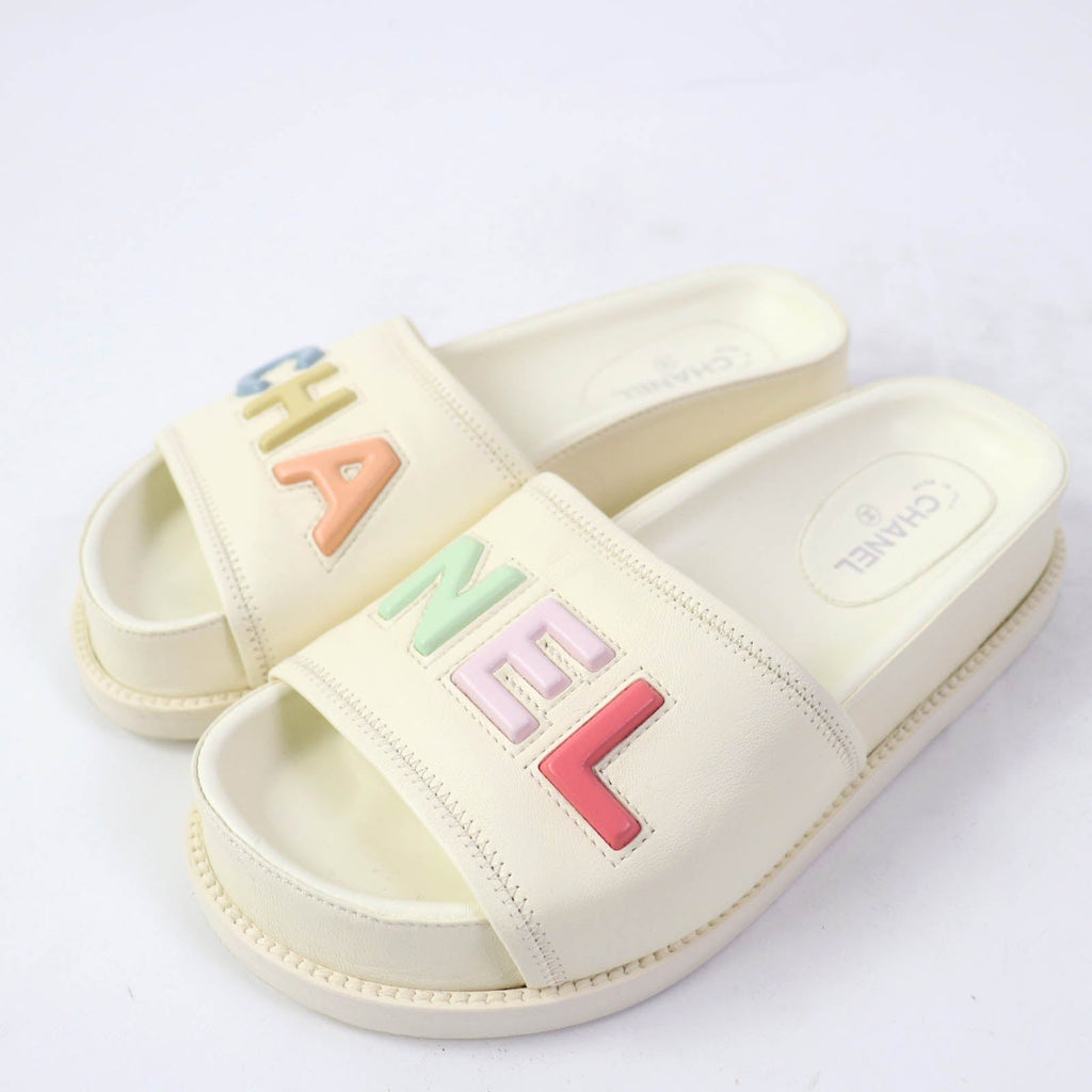 Chanel Logo Slide Sandals Leather Ivory 35