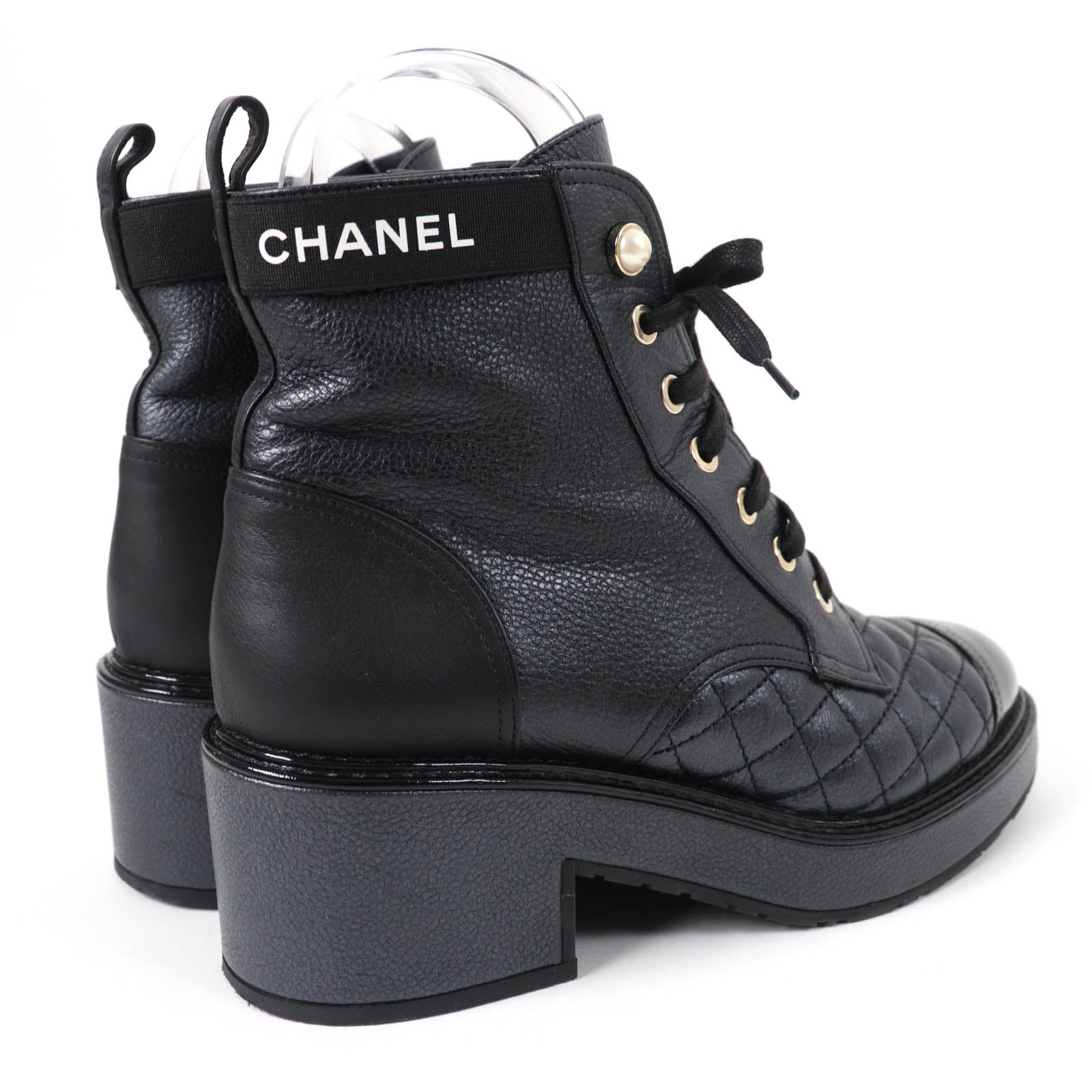 Chanel Leather Logo Matelasse Ankle Boots