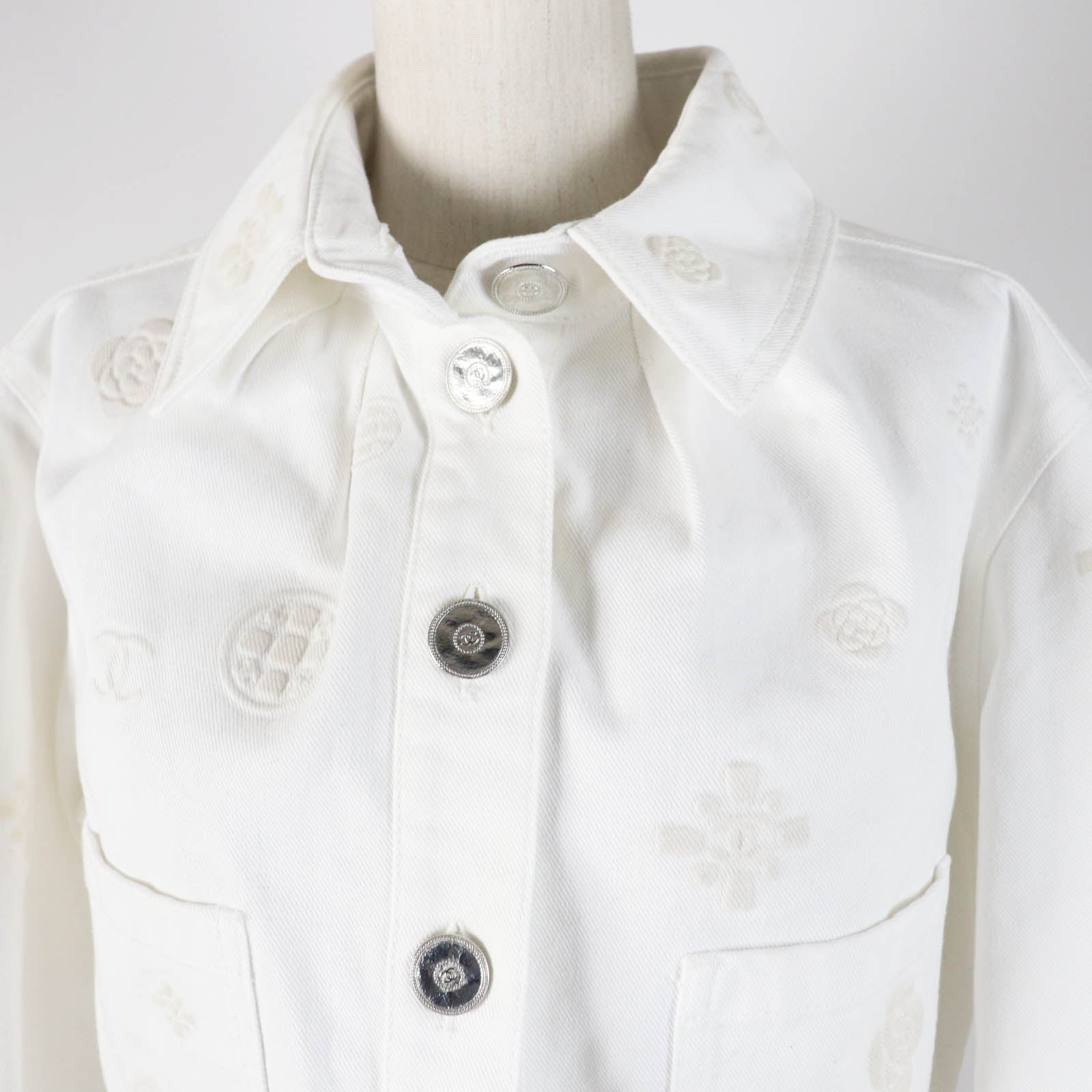 Chanel Cotton COCO Mark Button Camellia Embossed Cropped Denim Jacket