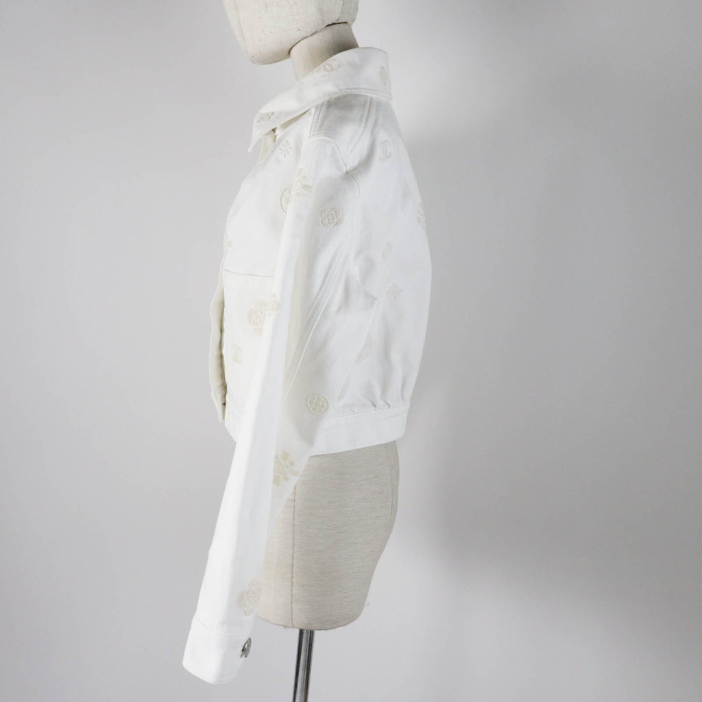 Chanel Cotton COCO Mark Button Camellia Embossed Cropped Denim Jacket