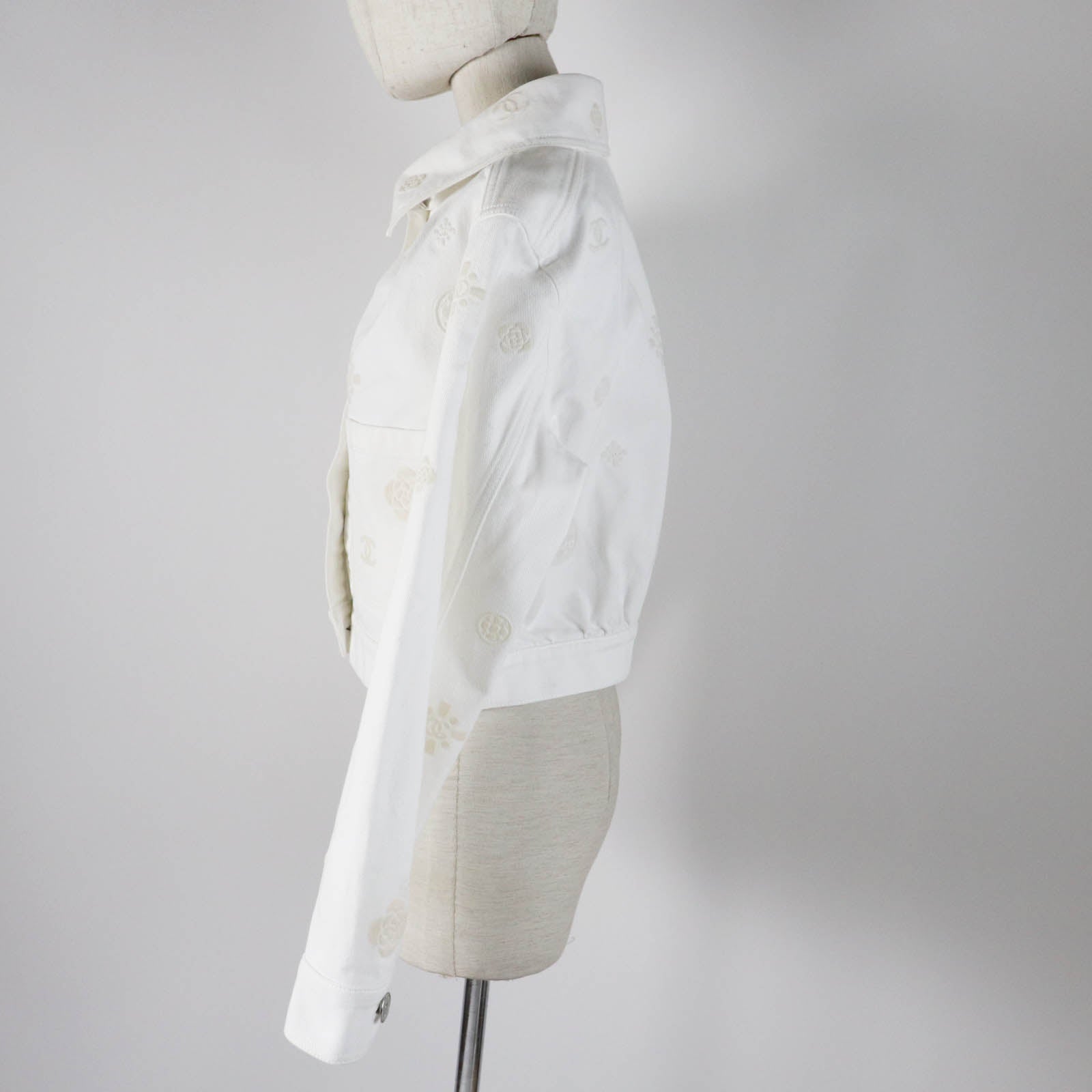Chanel Cotton COCO Mark Button Camellia Embossed Cropped Denim Jacket