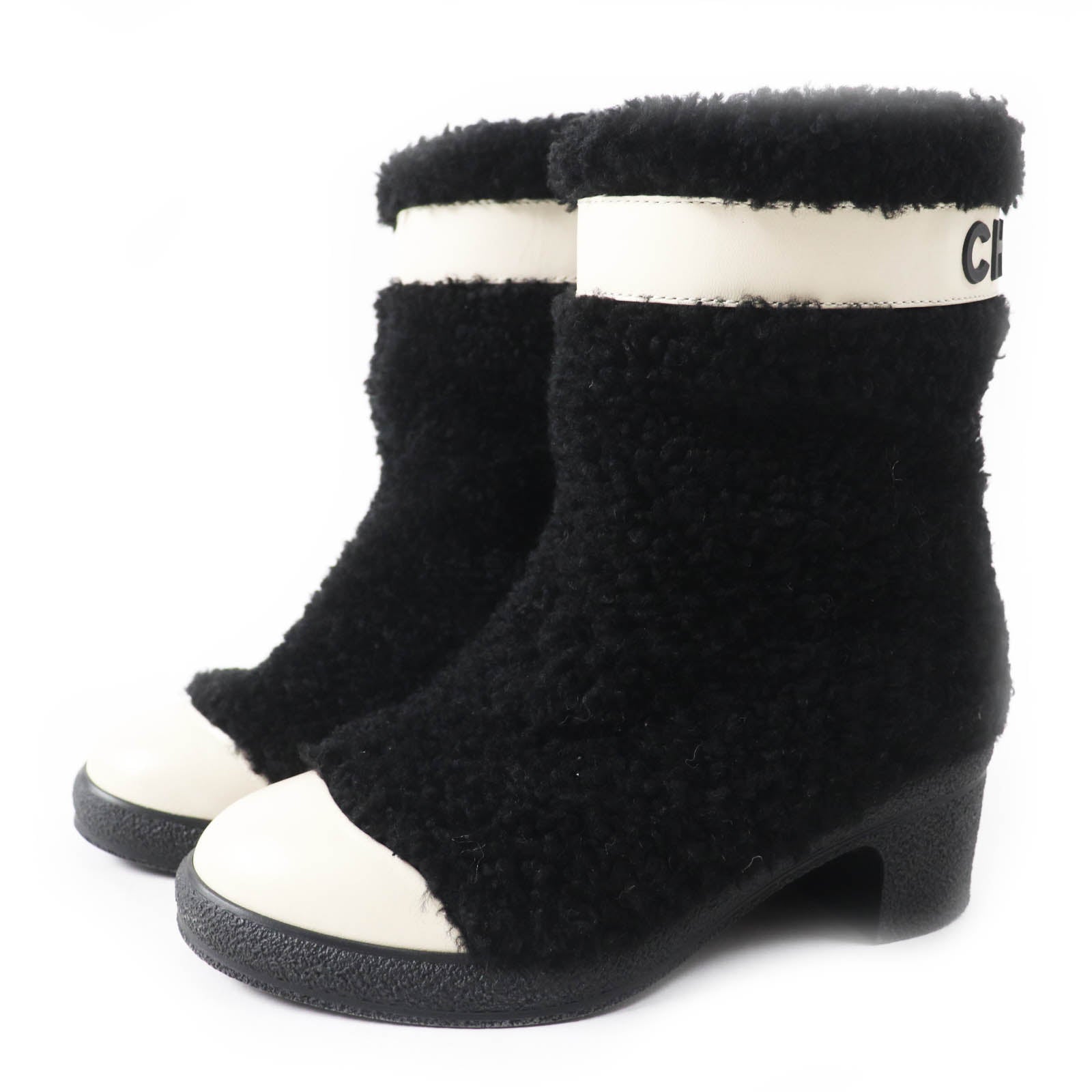 Chanel Sheepskin Leather Boots Black White 35