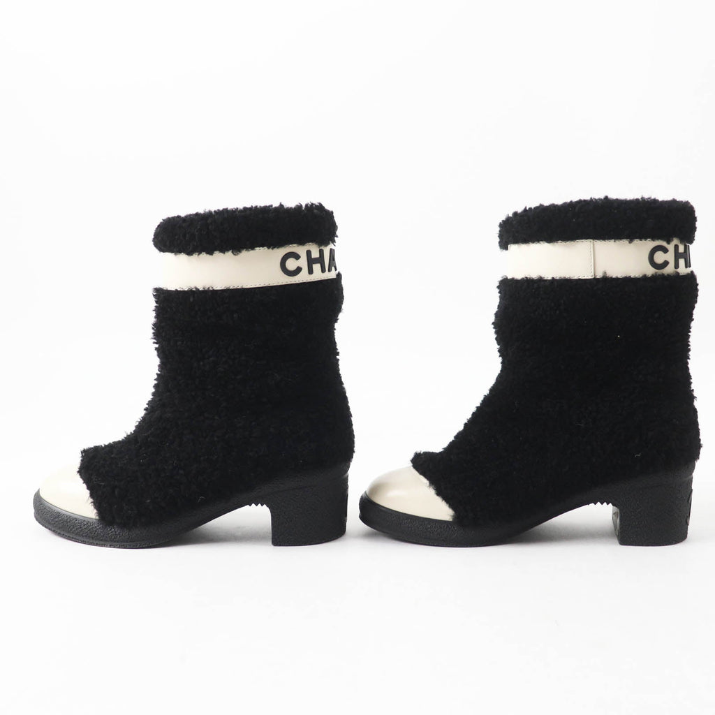 Chanel Sheepskin Leather Boots Black White 35