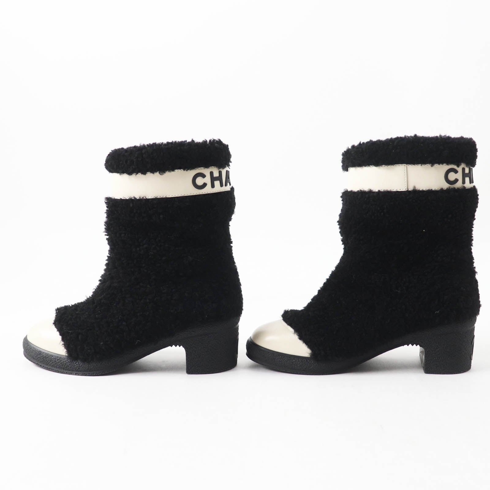 Chanel Sheepskin Leather Boots Black White 35