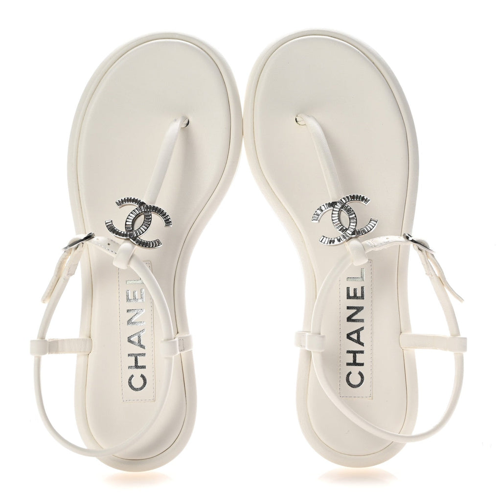 Lambskin Crystal Baguette CC Thong Sandals 36.5 White