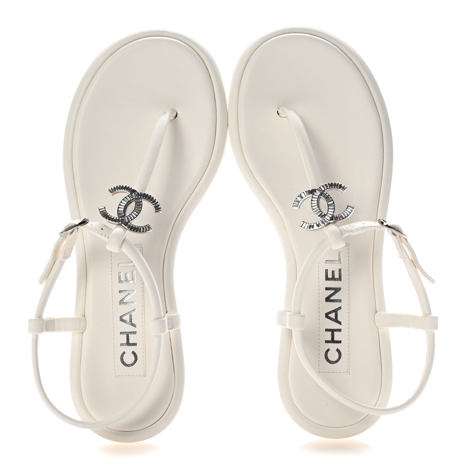 Lambskin Crystal Baguette CC Thong Sandals 36.5 White
