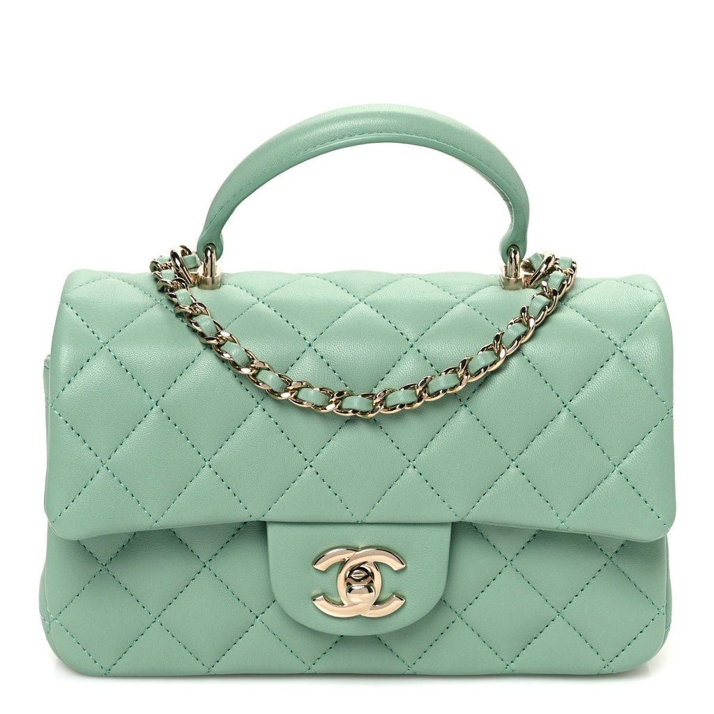 Lambskin Quilted Mini Top Handle Rectangular Flap Light Green