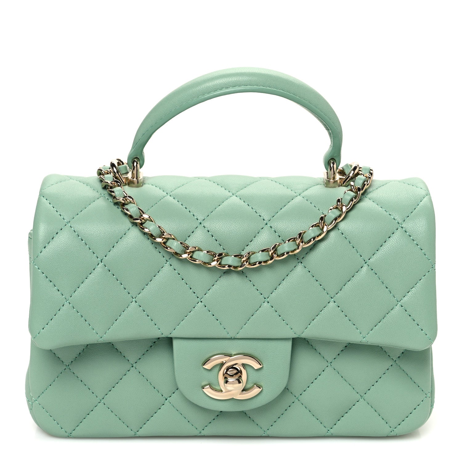 Lambskin Quilted Mini Top Handle Rectangular Flap Light Green