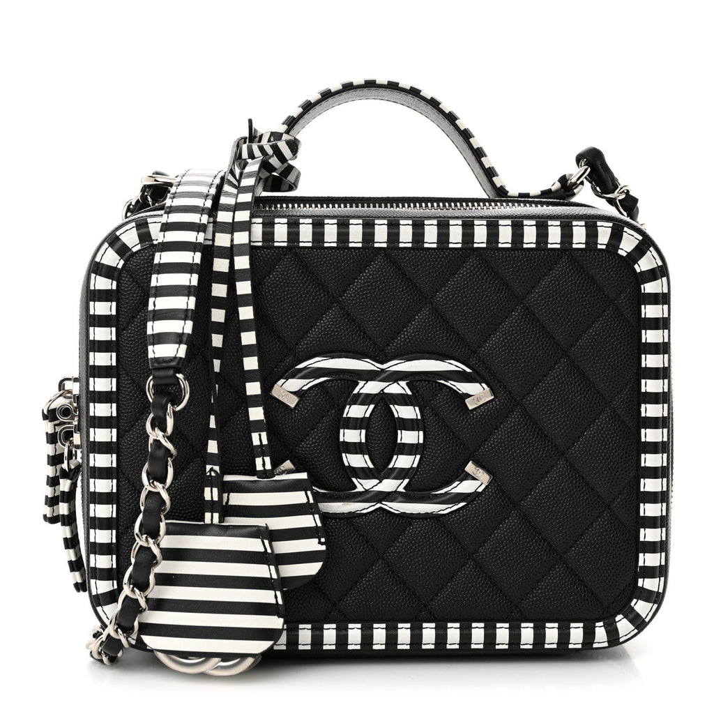 Caviar Quilted Striped Medium CC Filigree Vanity Case Black White