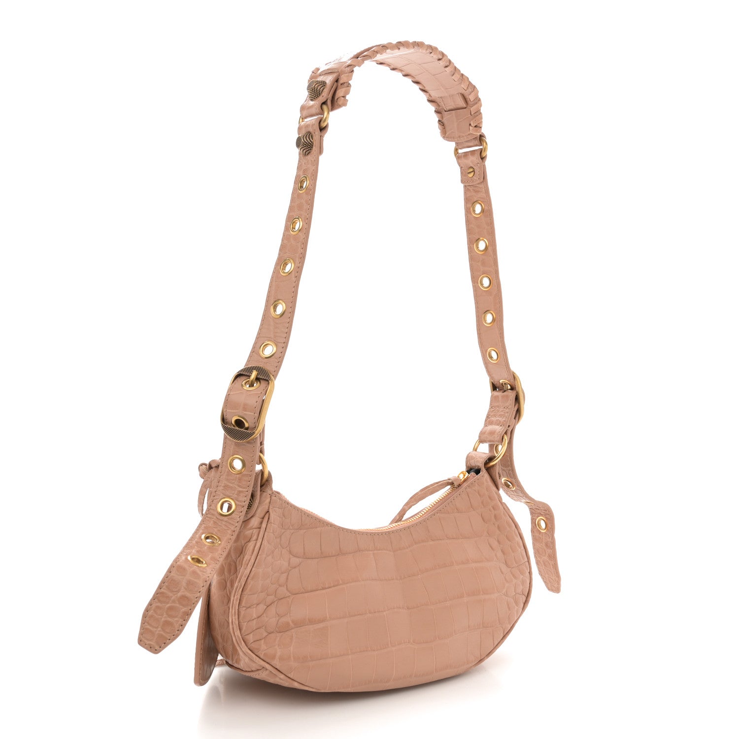 Extra Supple Calfskin Crocodile Embossed Le Cagole Shoulder Bag XS Nude Beige