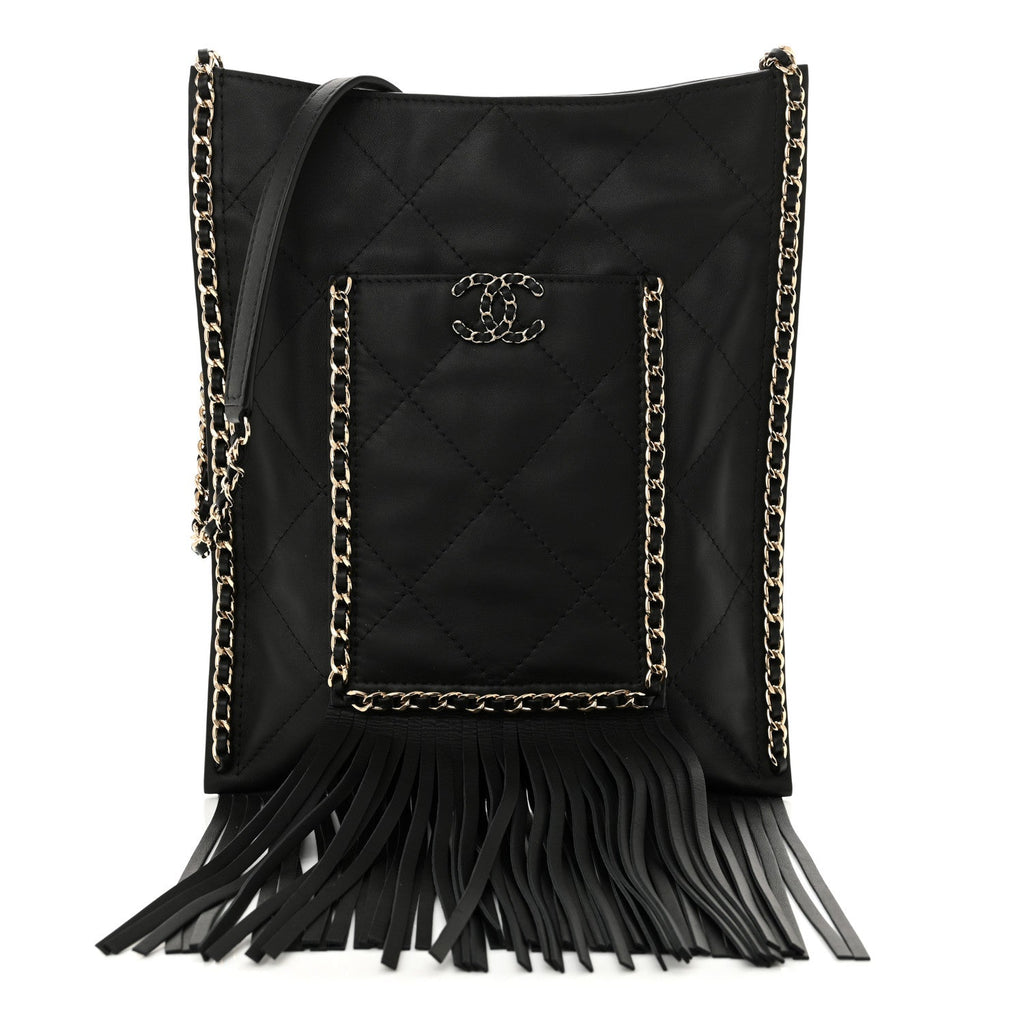 Calfskin Quilted Fringe Small Shopping Bag Black
