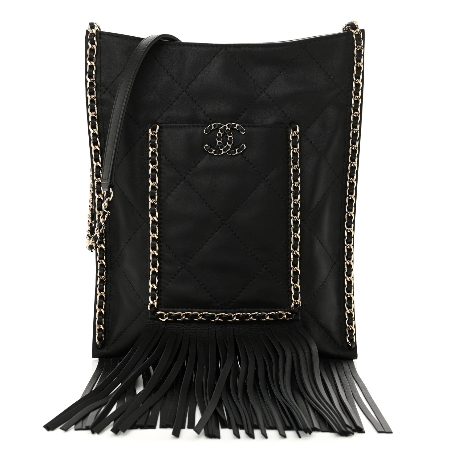 Calfskin Quilted Fringe Small Shopping Bag Black