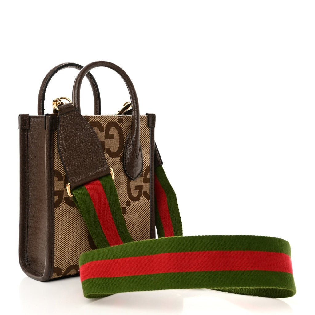 Monogram Jumbo GG Textured Dollar Calfskin Web Mini Vertical Tote Camel Ebony New Acero