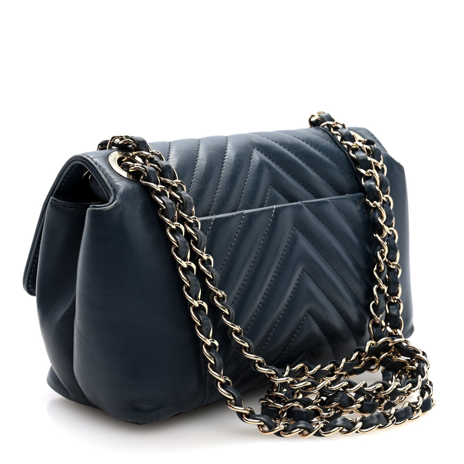 Calfskin Quilted Medium Daily Chevron Flap Navy Blue