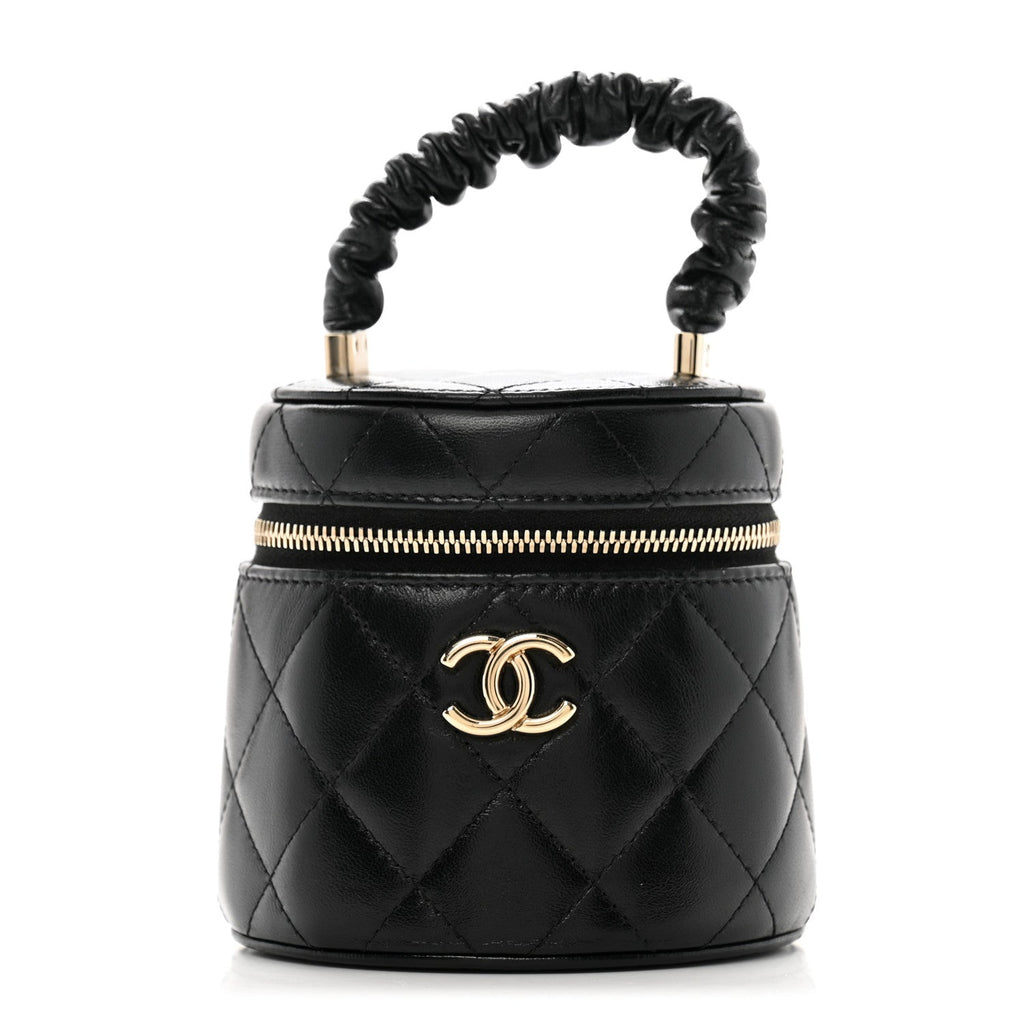 Lambskin Quilted Ruched Handle Vanity Case Black