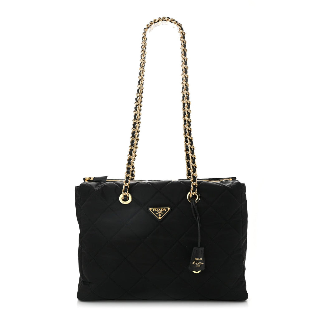 Re-Nylon Impunturato Saffiano Triangle Stitched Re-Edition 1995 Chaine Large Shoulder Bag Black