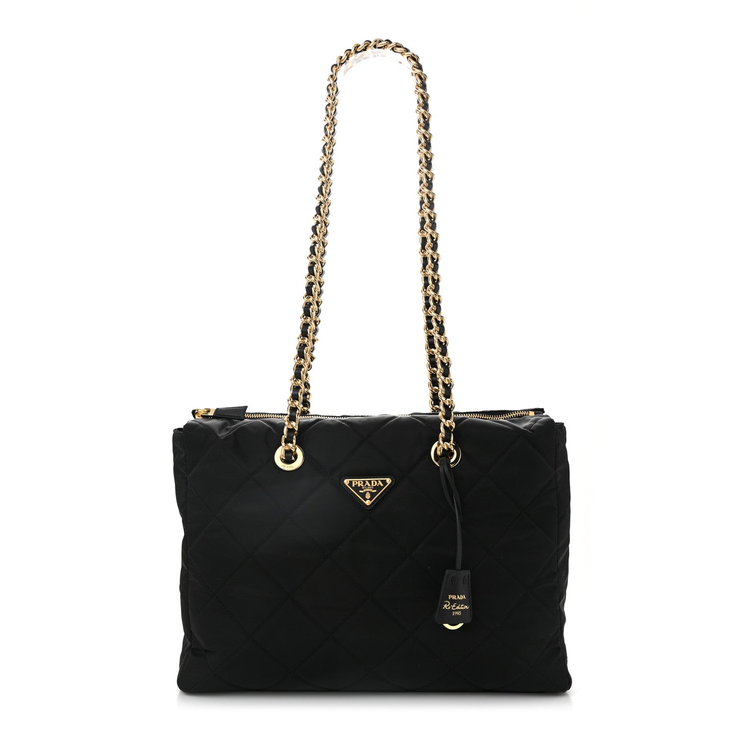 Re-Nylon Impunturato Saffiano Triangle Stitched Re-Edition 1995 Chaine Large Shoulder Bag Black