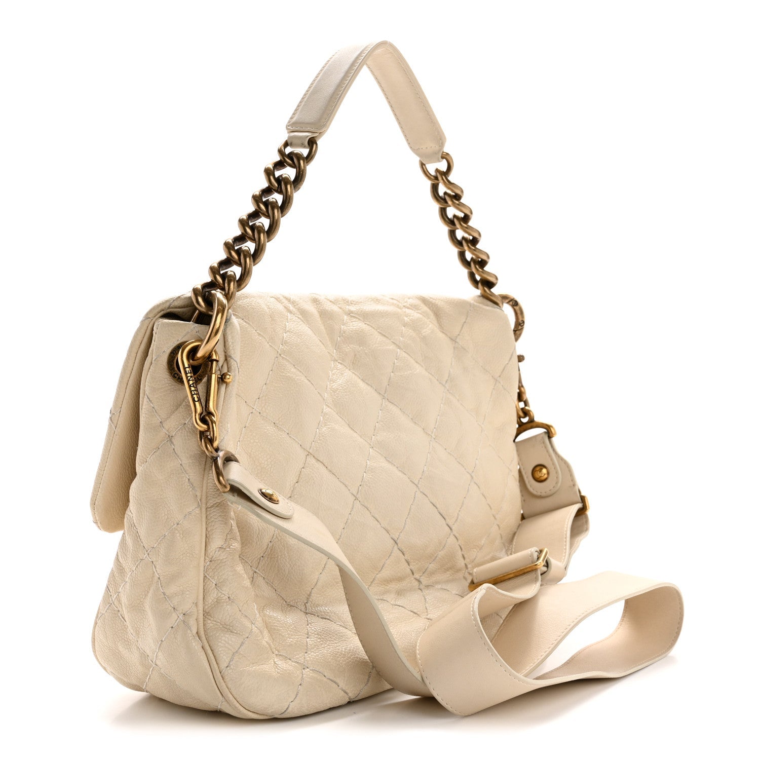 Crumpled Grained Calfskin Medium Coco Pleats Messenger Flap Dark White