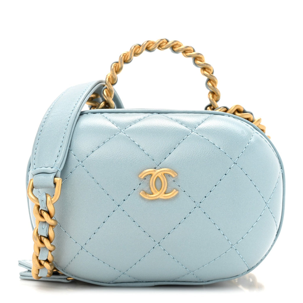 Lambskin Quilted CC Bubble Vanity Case With Chain Light Blue