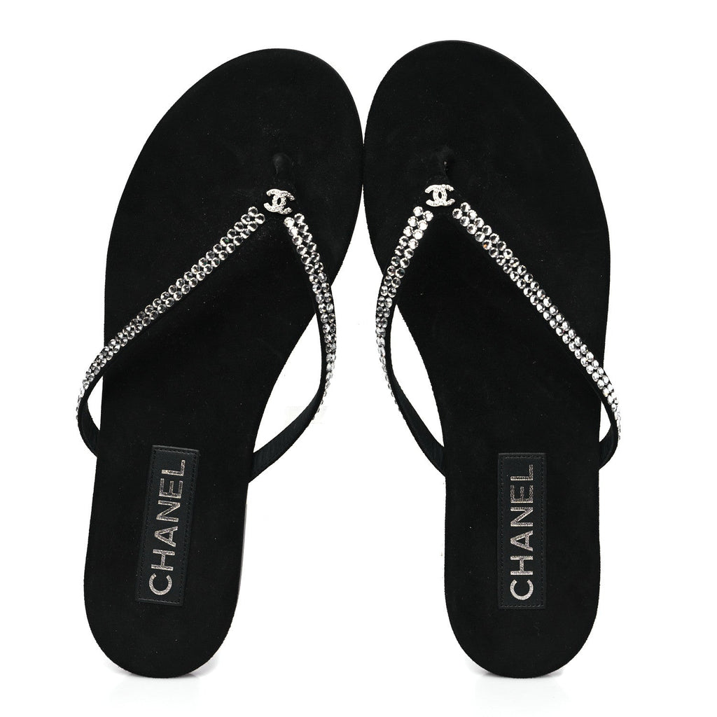Suede Kidskin Strass CC Thong Sandals 40 Black