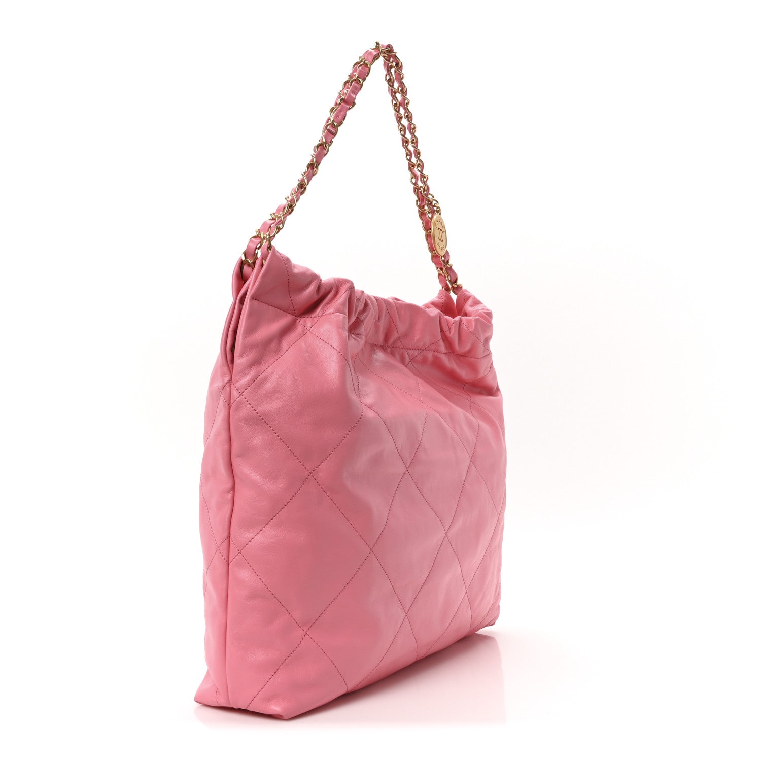 Shiny Calfskin Quilted Chanel 22 Drawstring Bag Coral Pink