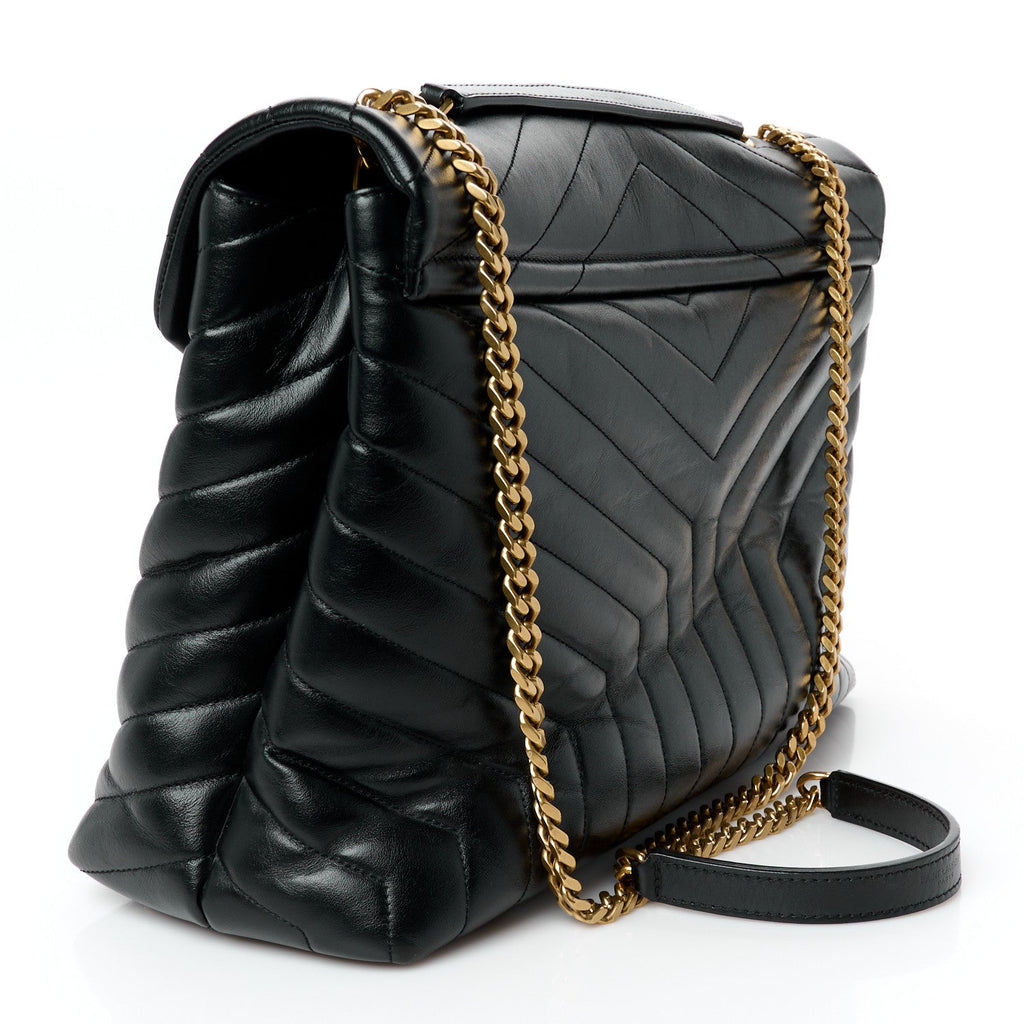 Calfskin Y Quilted Monogram Large Loulou Chain Satchel Black