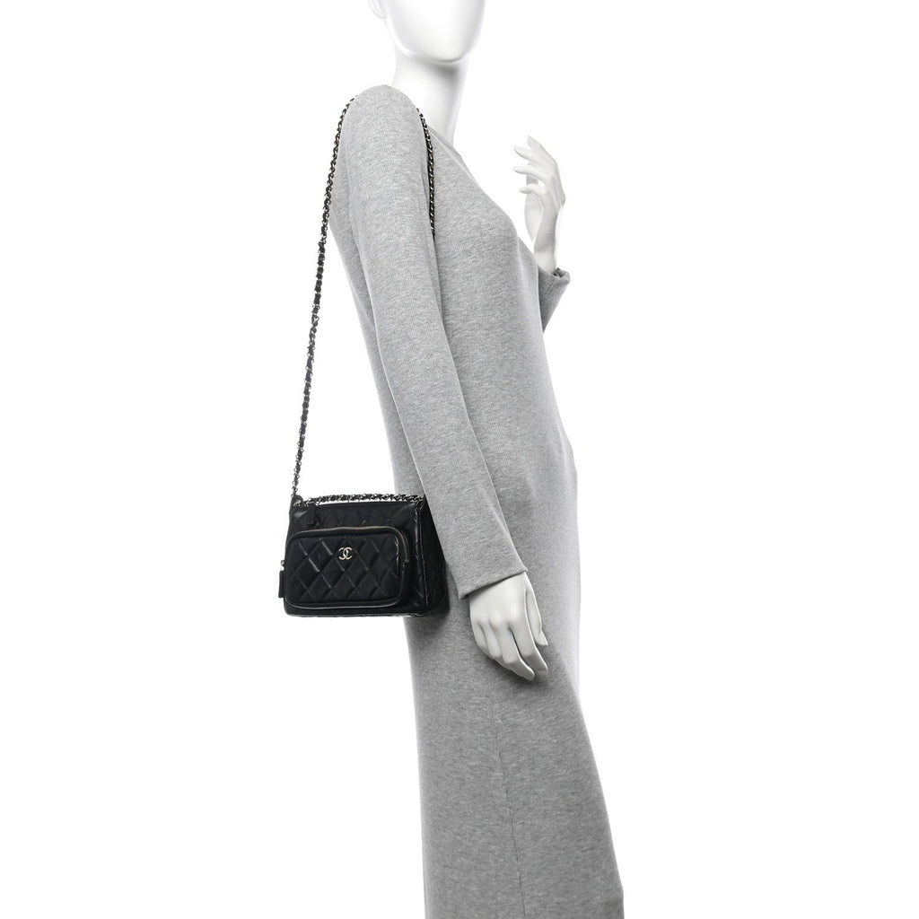 Shiny Crumpled Lambskin Quilted Mini Preppy Pocket Clutch With Chain Black