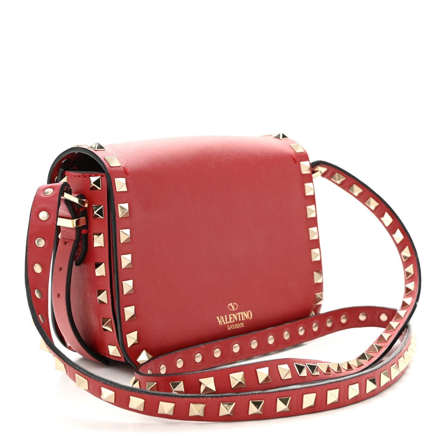 Vitello Small Rockstud Flap Saddle Bag Red