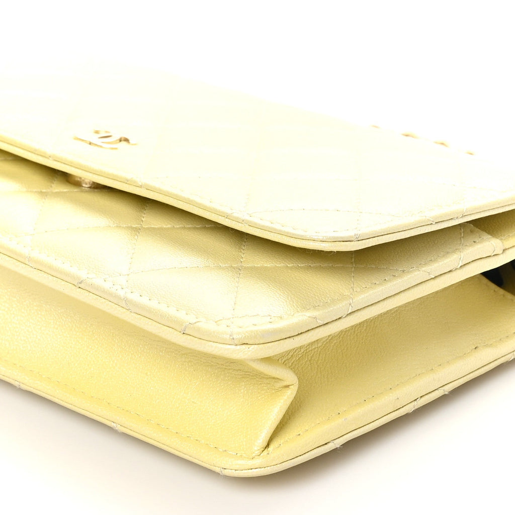 Iridescent Goatskin Quilted Wallet on Chain WOC Light Yellow