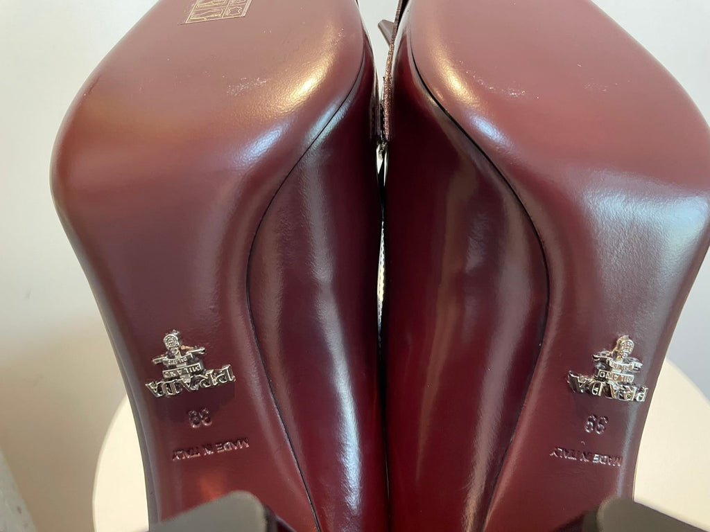 Prada Merlot Kiltie Chain Patent Leather Block-heel Pumps 39