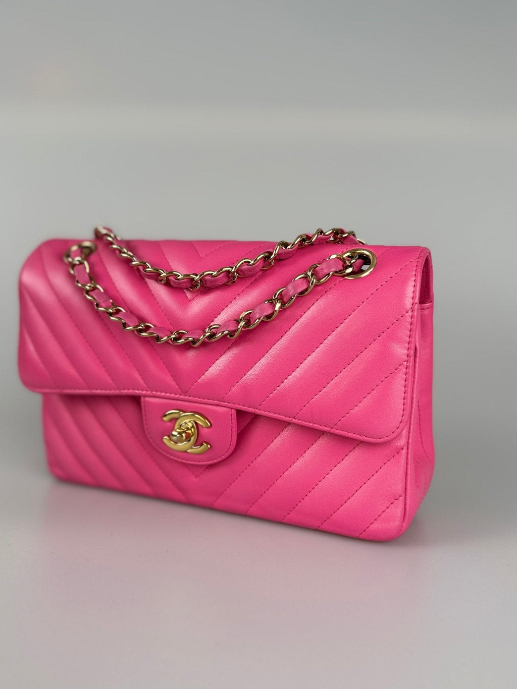 Chanel Small Pink Classic Double Flap Bag in Chevron Lambskin Leather with Gold Hardware