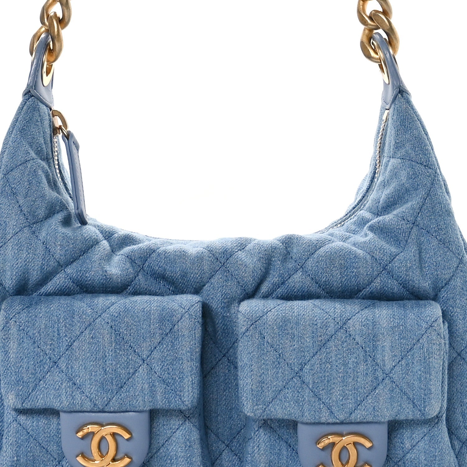 Washed Denim Quilted Cargo Large Hobo Light Blue