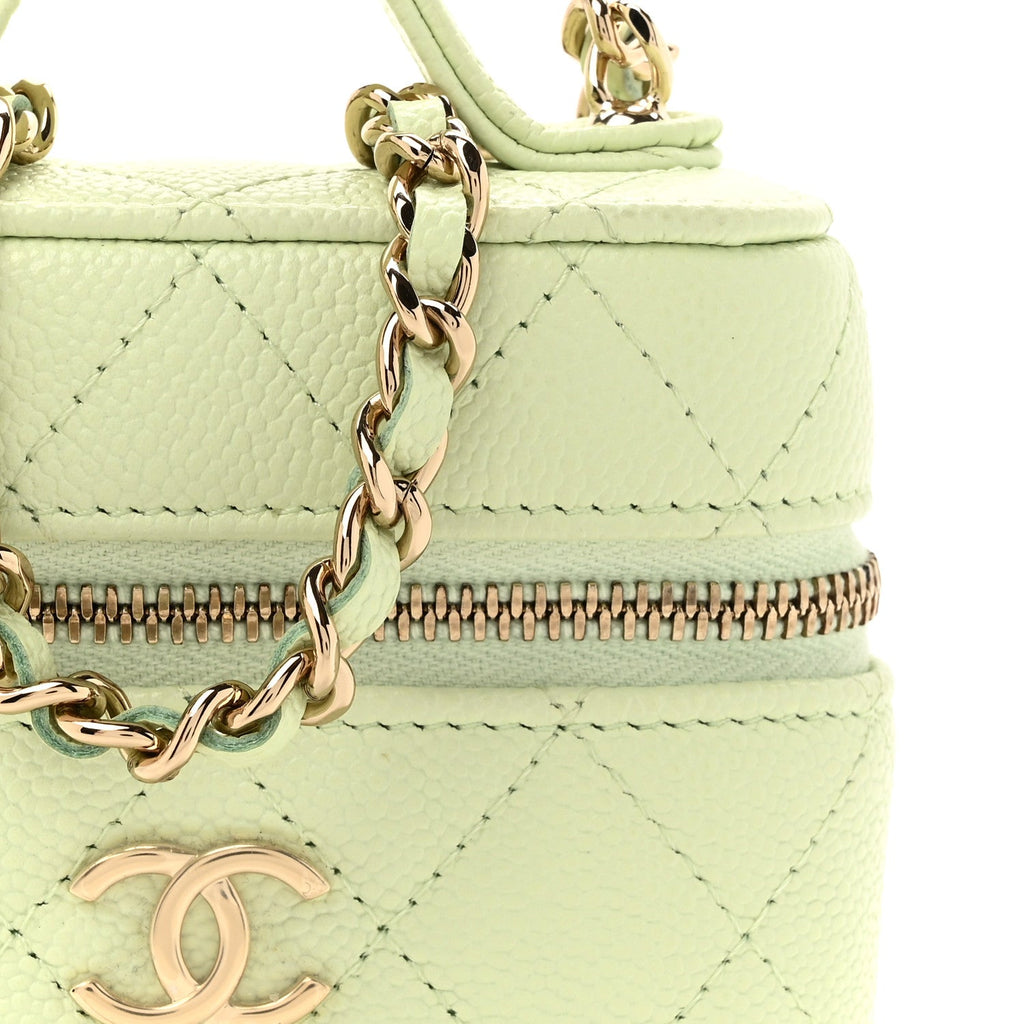Caviar Quilted Small Handle With Care Vanity Case With Chain Light Green