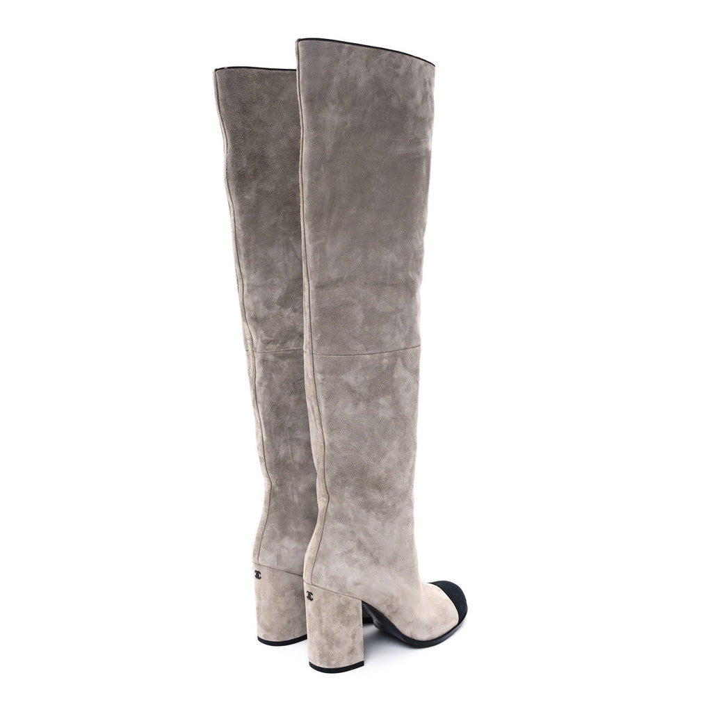 Suede Calfskin Grosgrain Cap Toe Knee High Boots 36.5 Grey Black