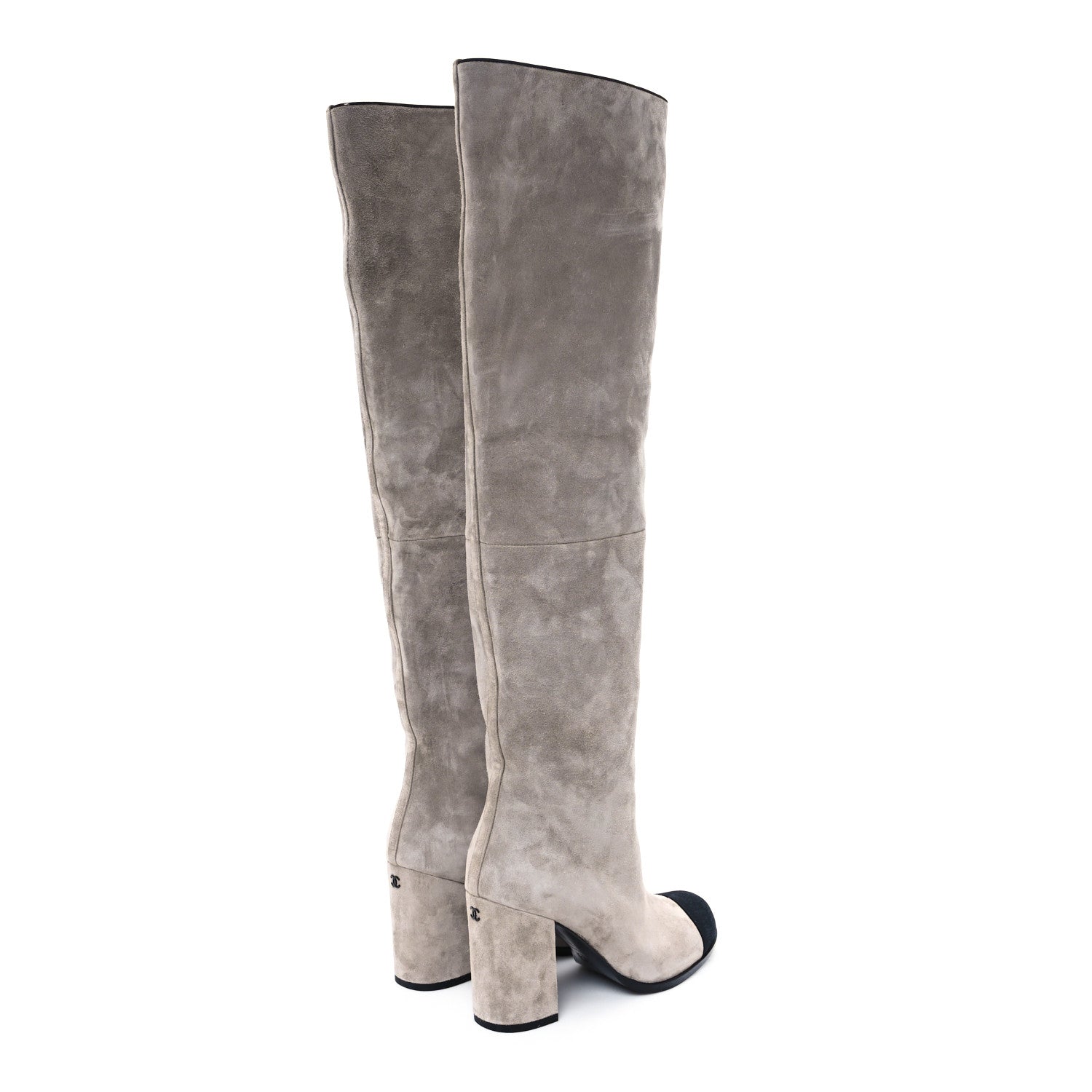 Suede Calfskin Grosgrain Cap Toe Knee High Boots 36.5 Grey Black