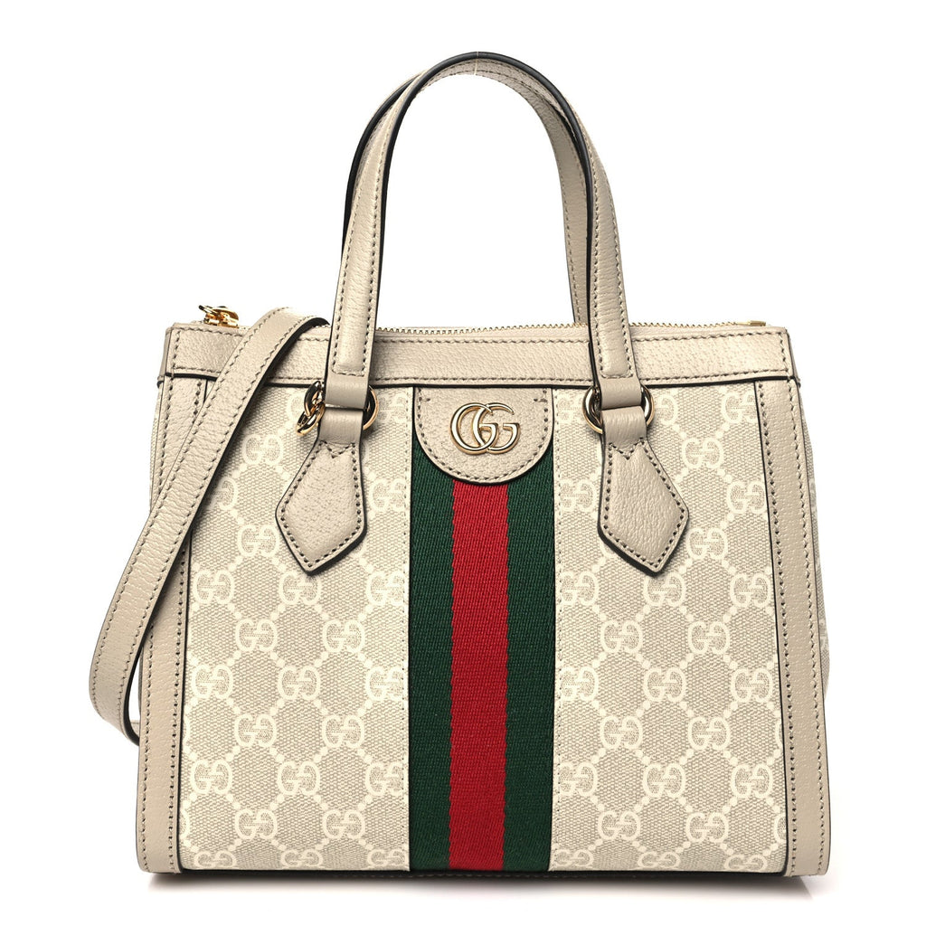 GG Supreme Monogram Textured Dollar Calfskin Web Small Ophidia Tote Bag Beige Mystic White Oatmeal