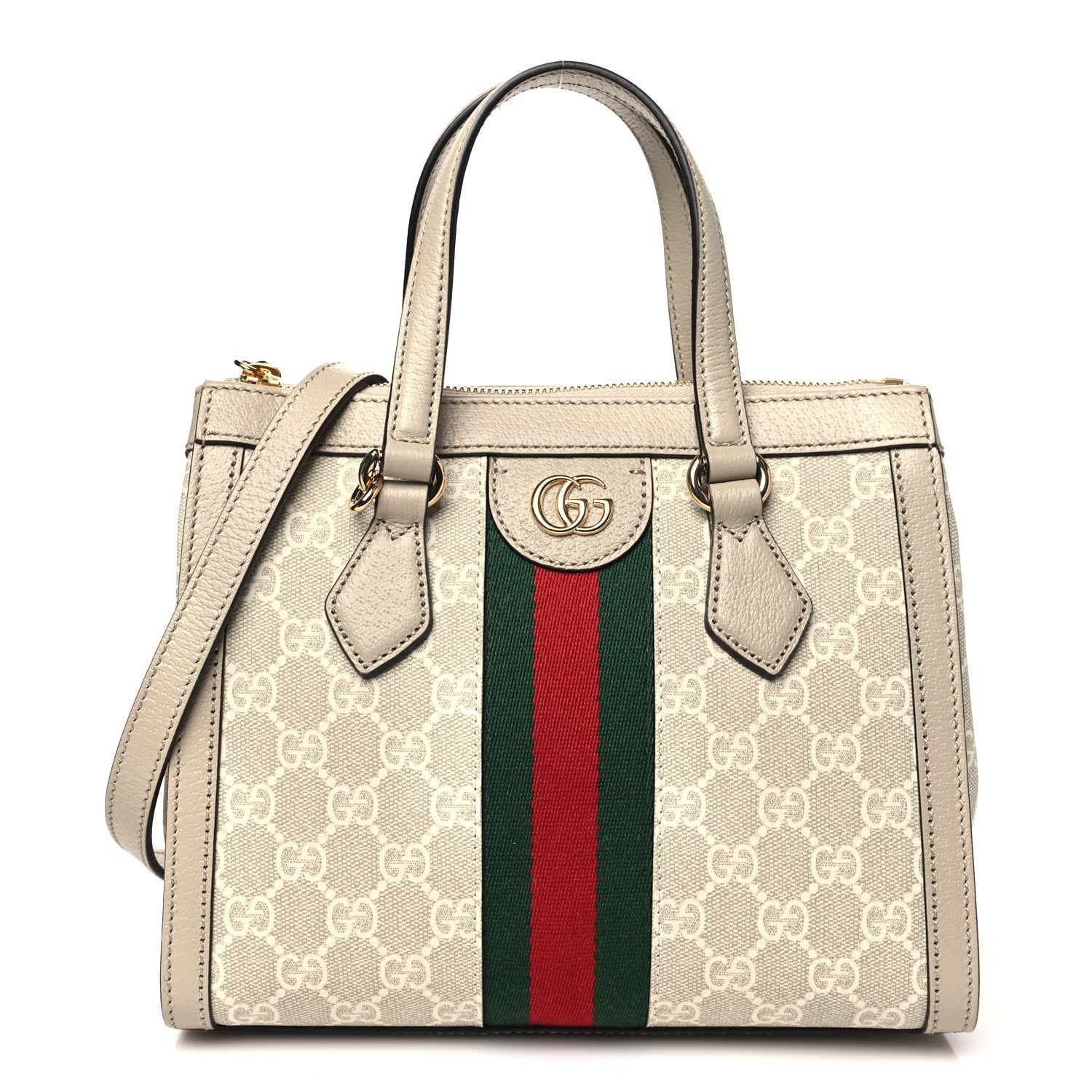 GG Supreme Monogram Textured Dollar Calfskin Web Small Ophidia Tote Bag Beige Mystic White Oatmeal