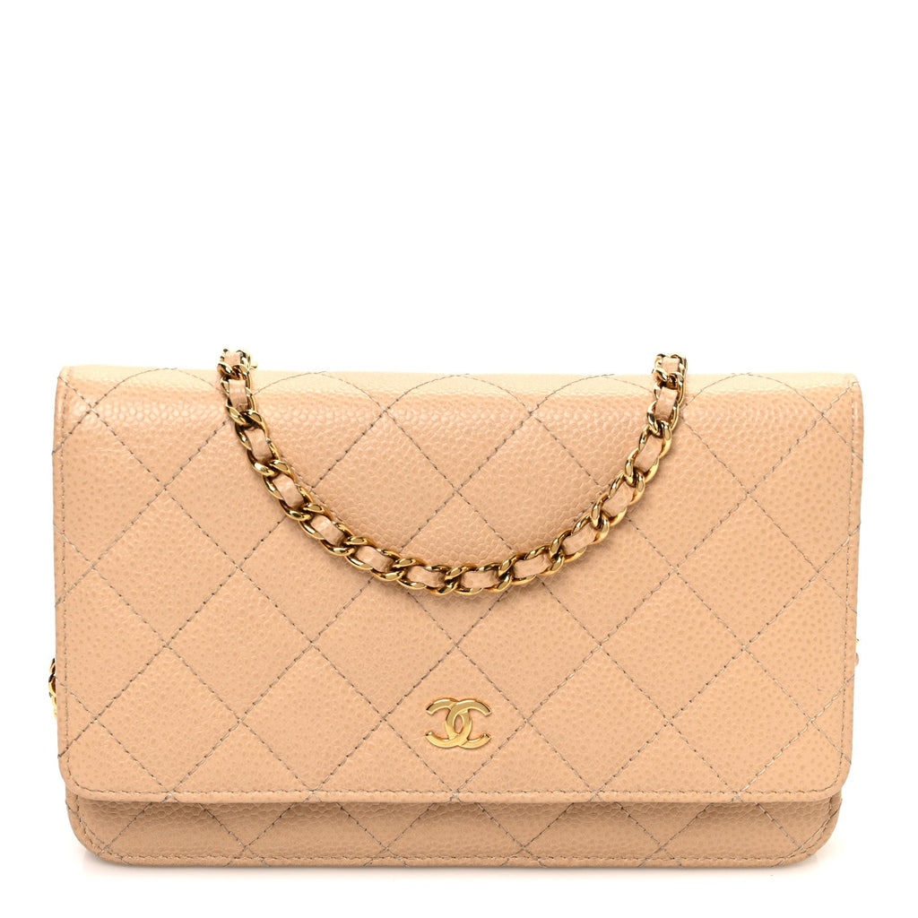 Caviar Quilted Wallet on Chain WOC Beige