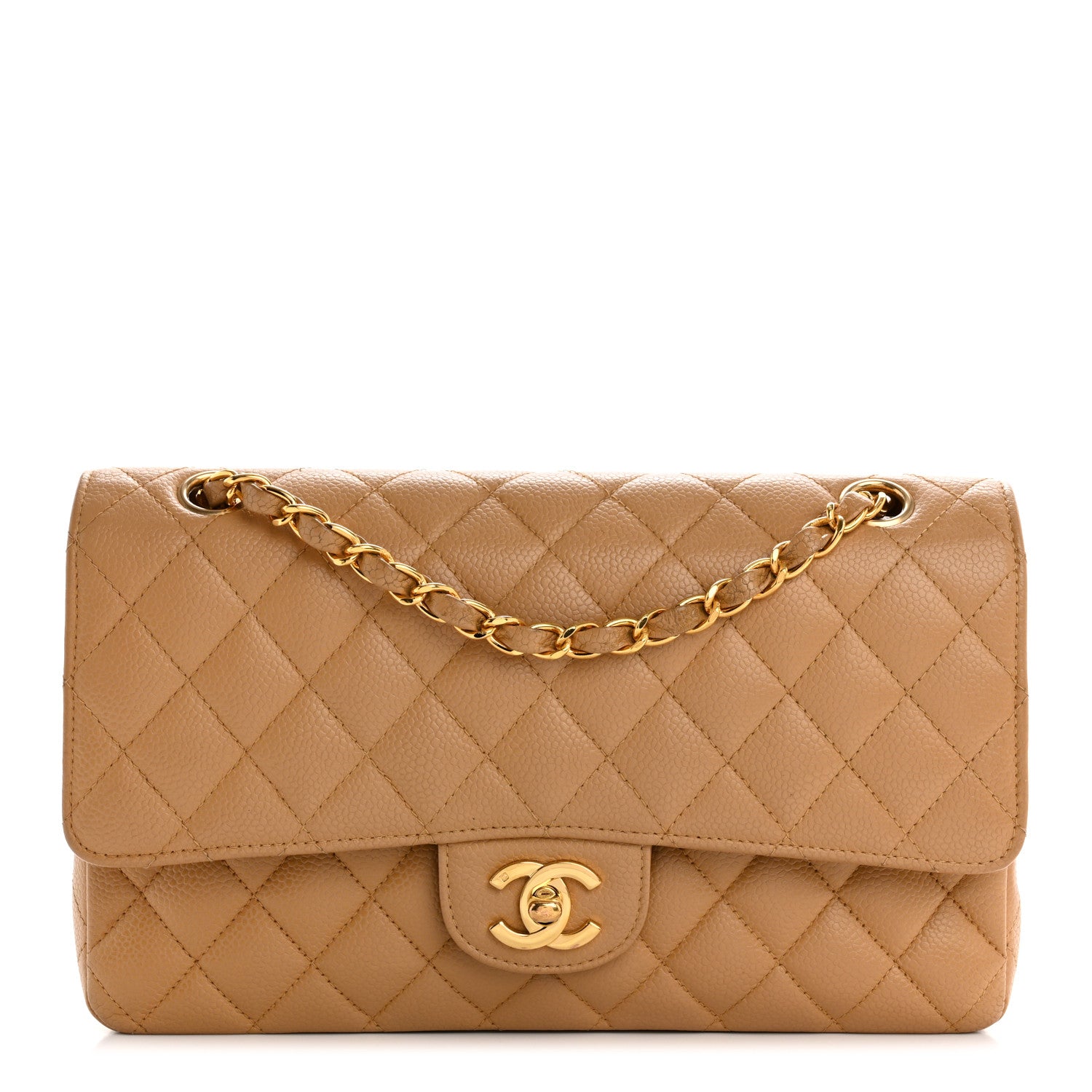 Caviar Quilted Medium Double Flap Beige