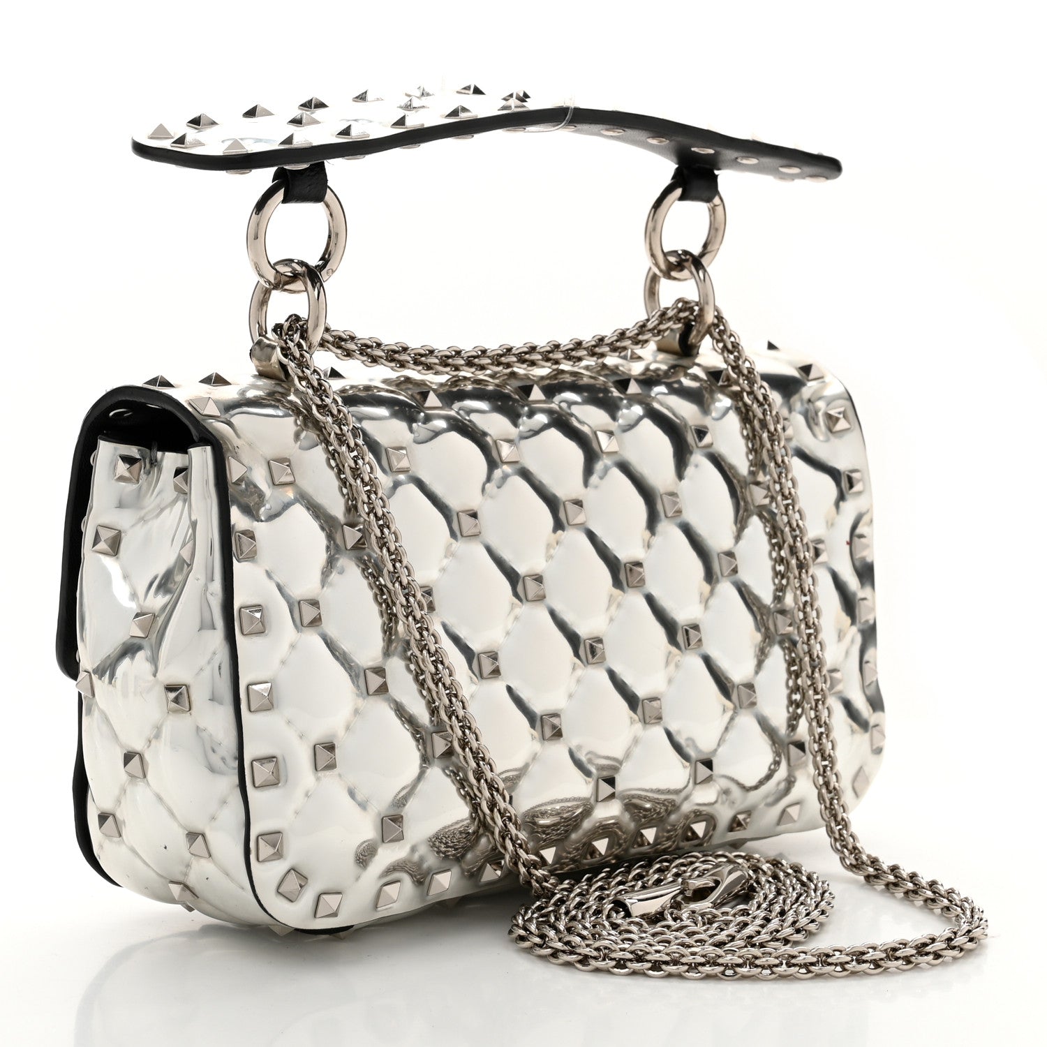 Metallic Patent Quilted Small Rockstud Spike Shoulder Bag Silver