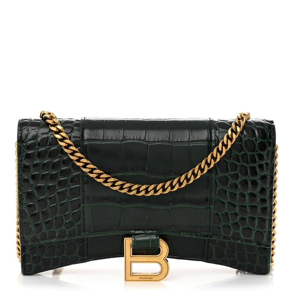 Shiny Calfskin Crocodile Embossed Hourglass Chain Bag Forest Green