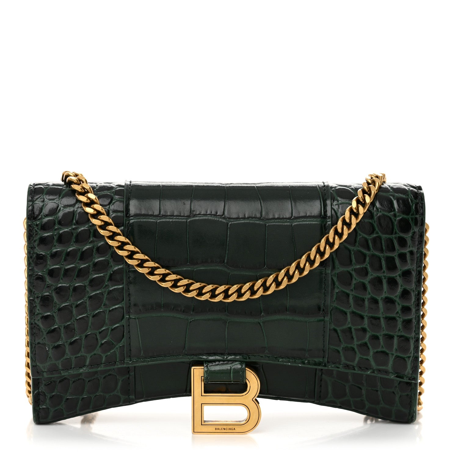 Shiny Calfskin Crocodile Embossed Hourglass Chain Bag Forest Green