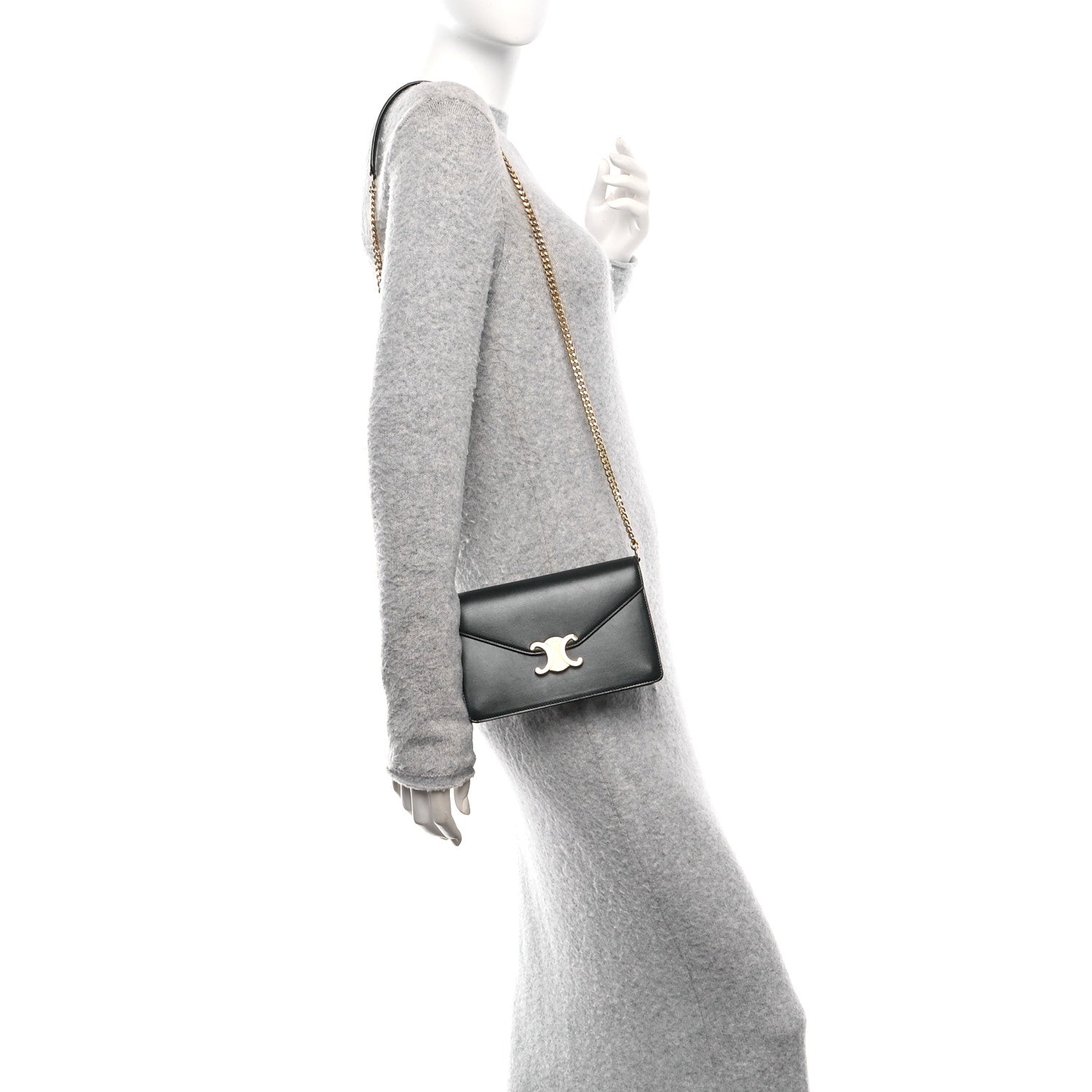Shiny Calfskin Triomphe Margo Wallet on Chain Black