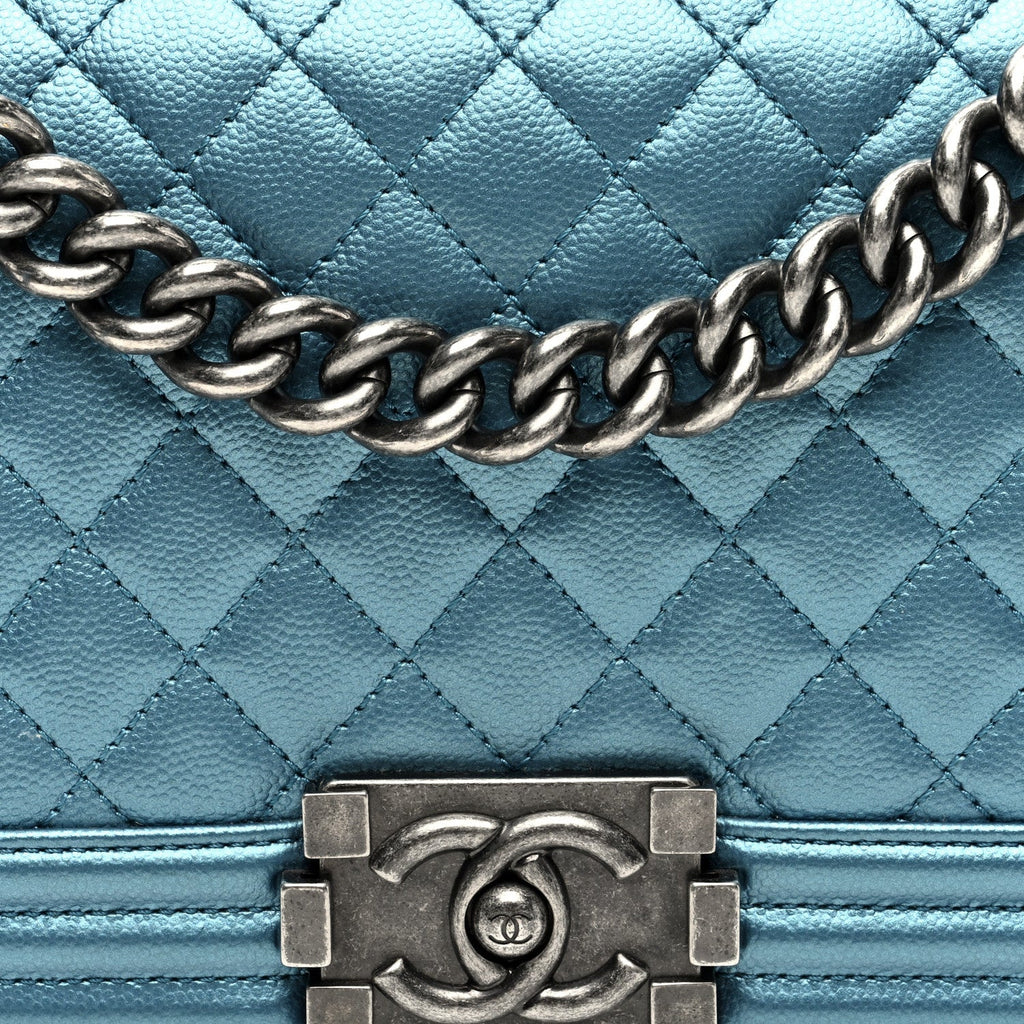 Metallic Caviar Quilted Medium Boy Flap Turquoise