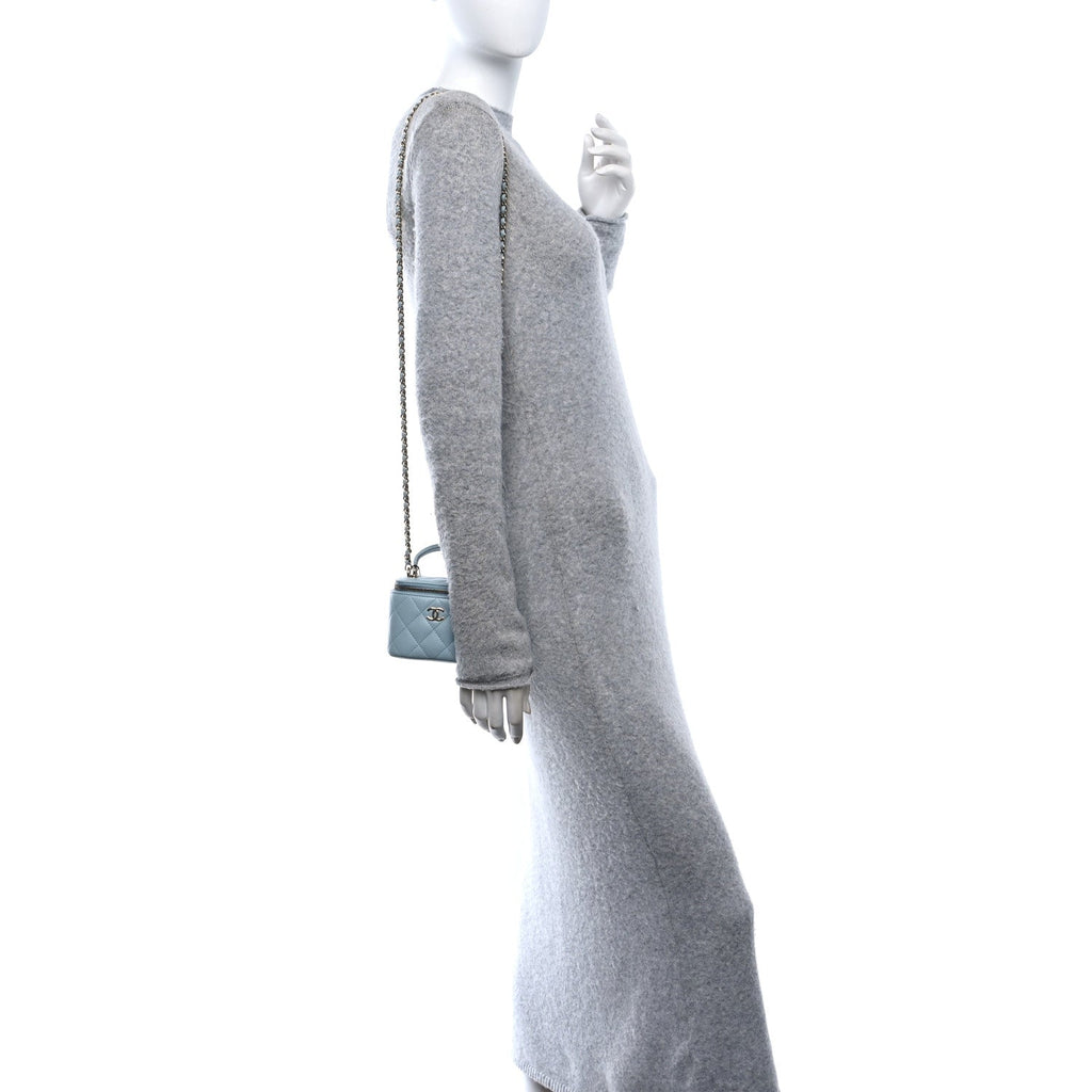 Lambskin Quilted Top Handle Mini Vanity Case With Chain Light Blue