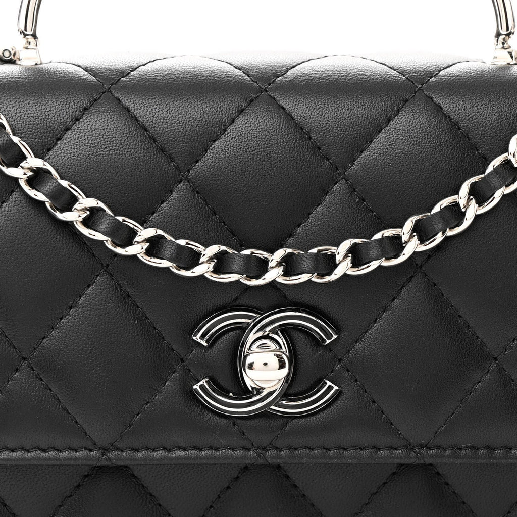 Lambskin Quilted Metal Top Handle Crossbody Flap Black