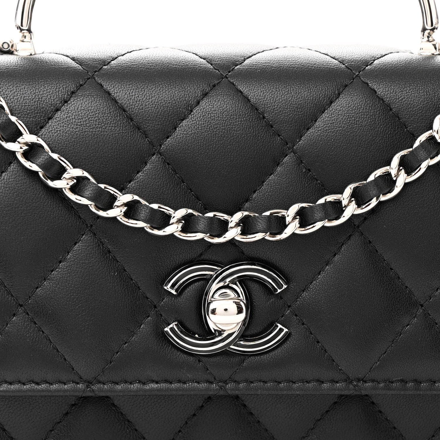 Lambskin Quilted Metal Top Handle Crossbody Flap Black